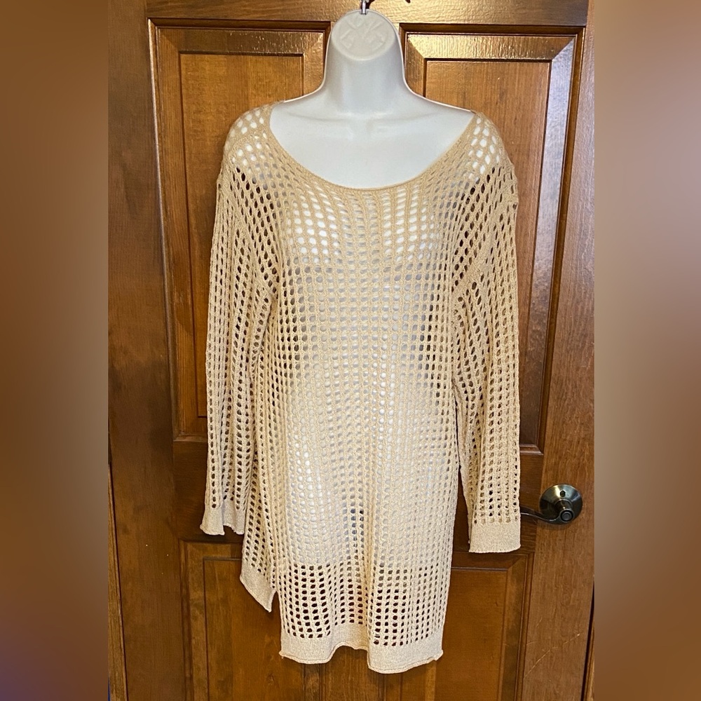 Crochet Tan Tunic Swim Cover Up One Size Fits Most Open Knit Sexy Flirty Edgy